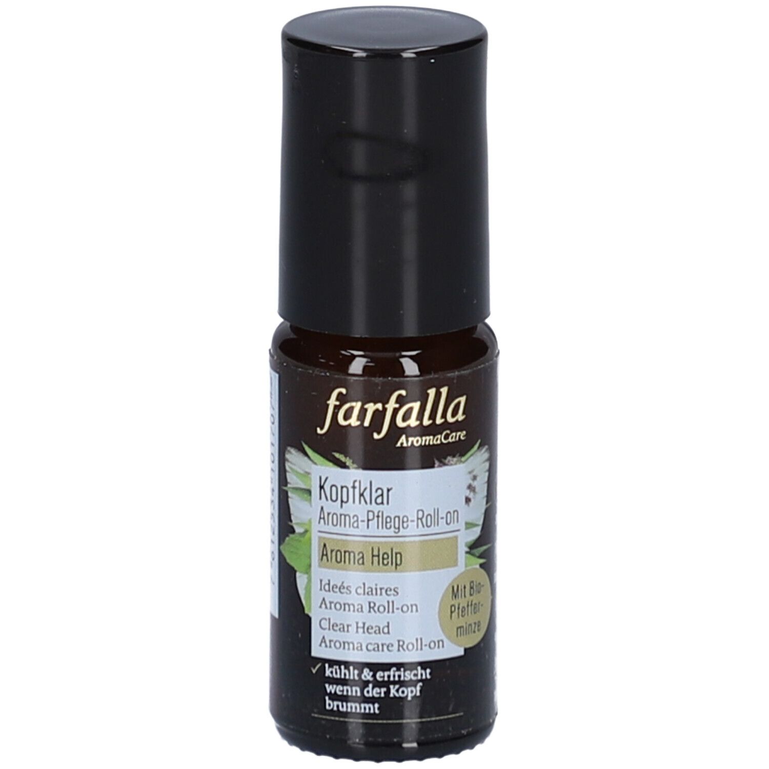 Braune Glasflasche mit schwarzem Deckel. Aufschrift: farfalla AromaCare, Kopfklar Aroma-Pflege-Roll-on, Aroma Help. Mit Bio-Pfefferminze.
