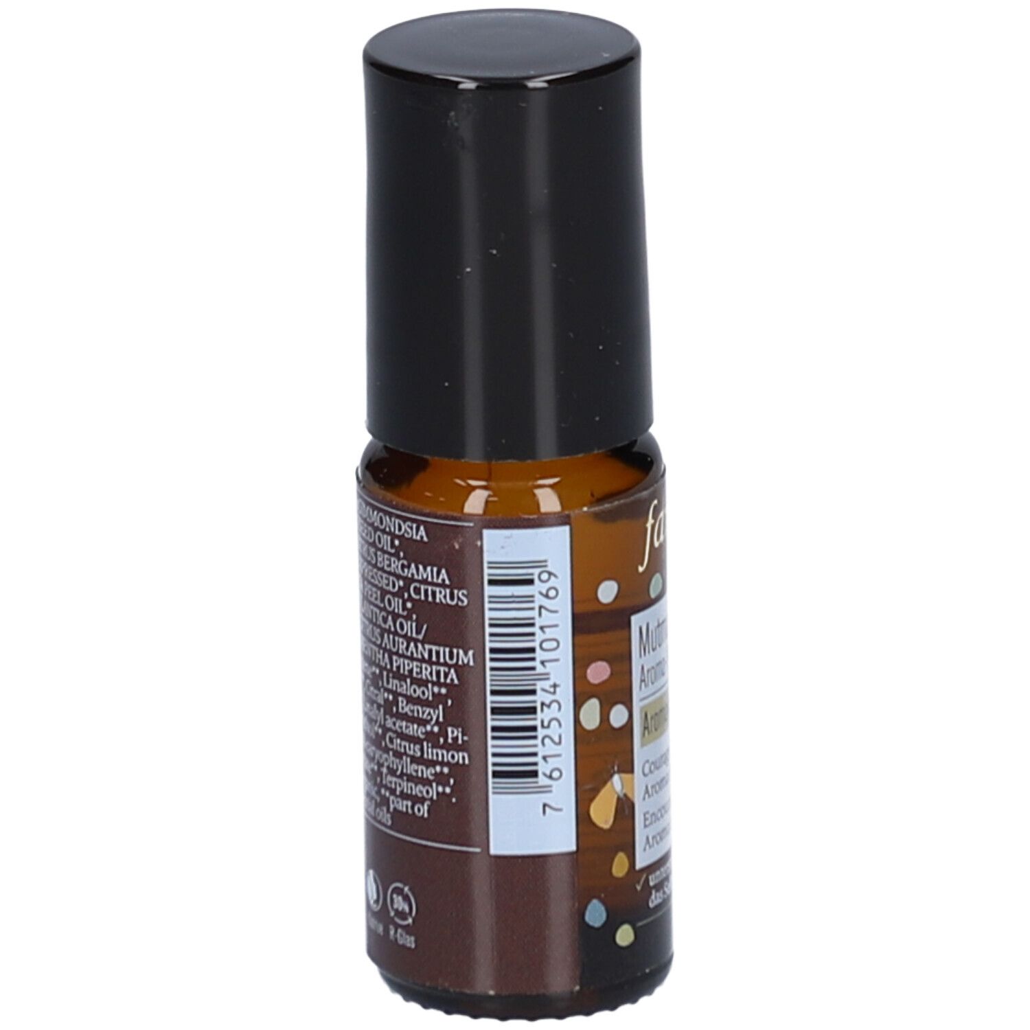 Braune Glasflasche mit schwarzem Deckel. Rückseite mit Inhaltsstoffen und Barcode. Aufschrift: farfalla.