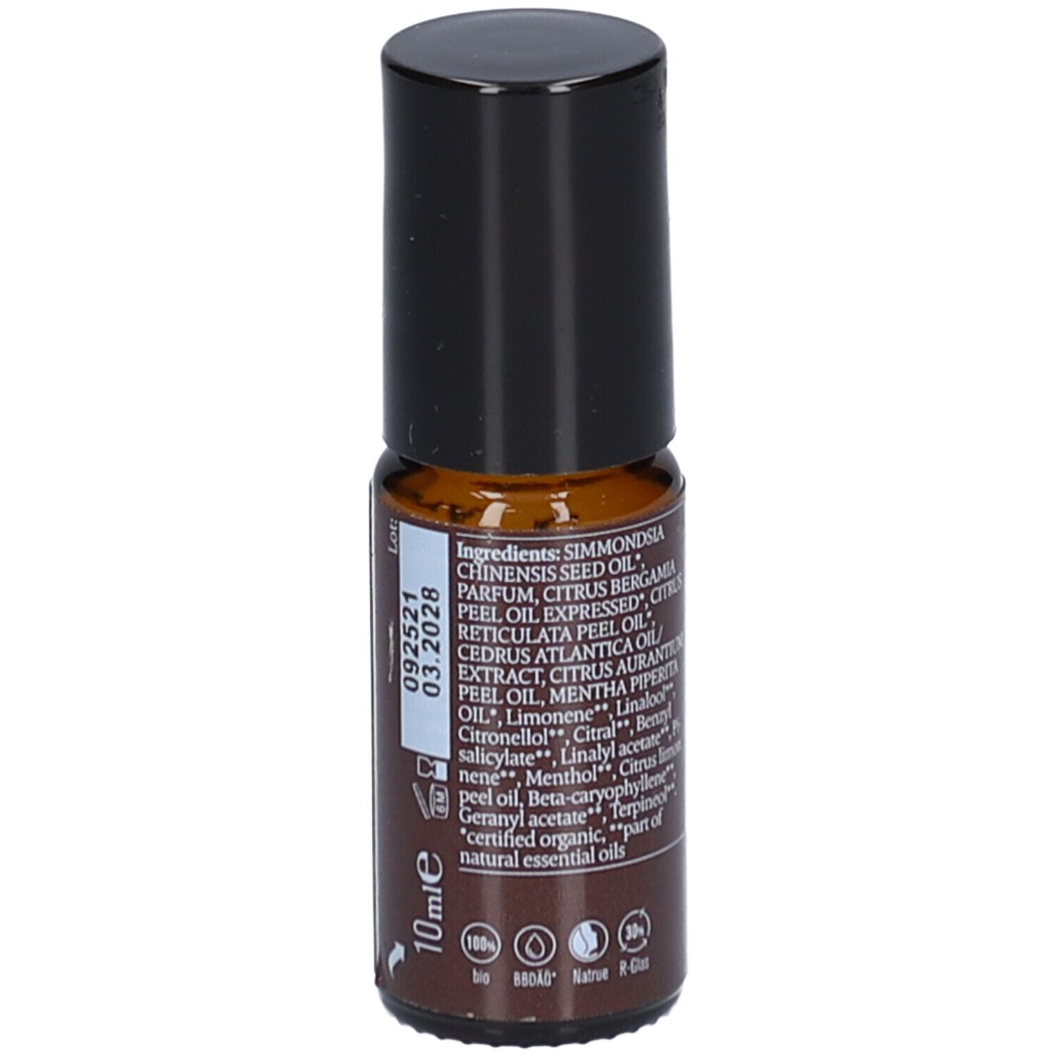 Braune Glasflasche mit schwarzem Deckel. Rückseite mit Inhaltsstoffen, Chargennummer und Ablaufdatum. Aufschrift: 10ml.