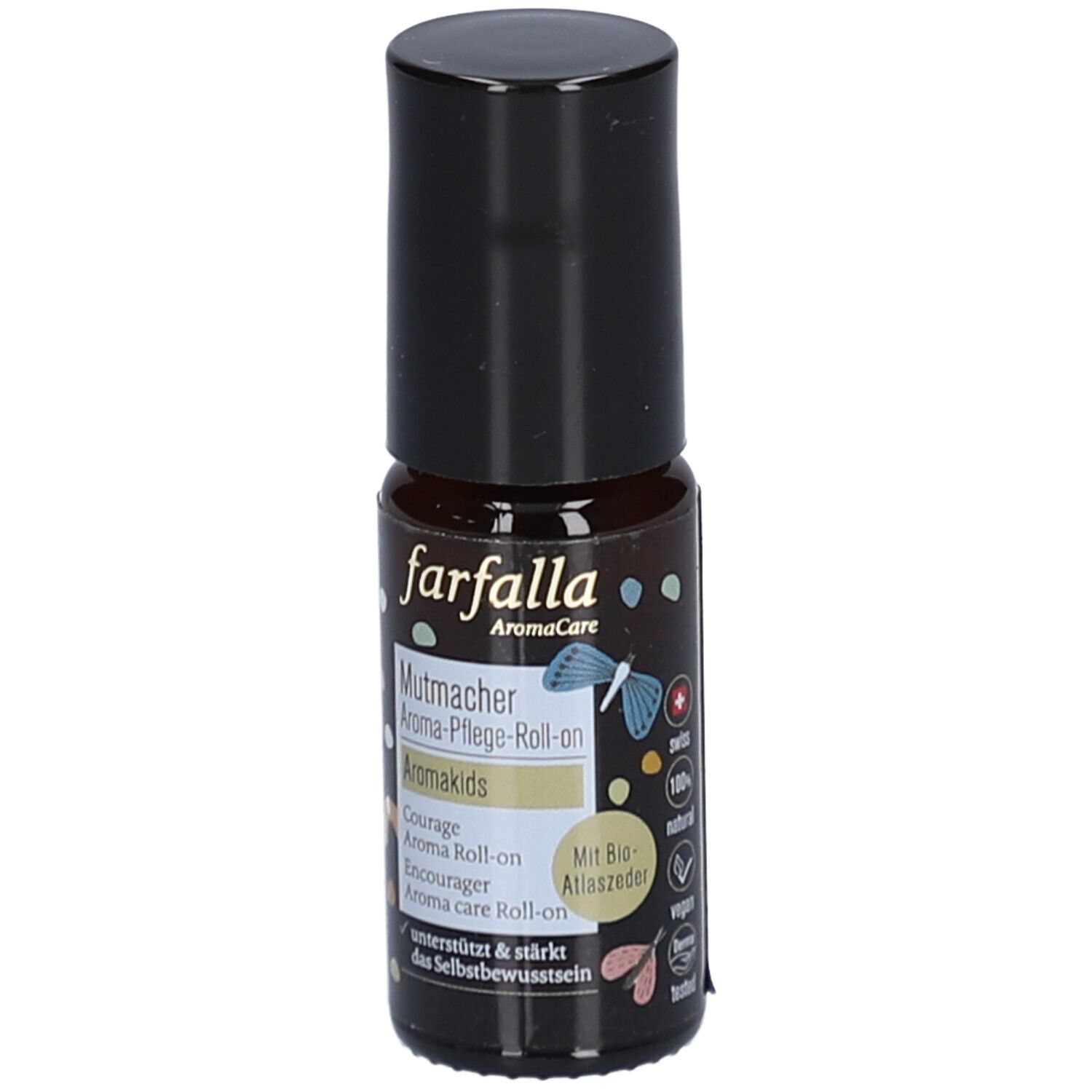 Braune Glasflasche mit schwarzem Deckel. Aufschrift: farfalla, Mutmacher Aroma-Pflege-Roll-on, Aromakids. Mit Bio-Atlaszeder.