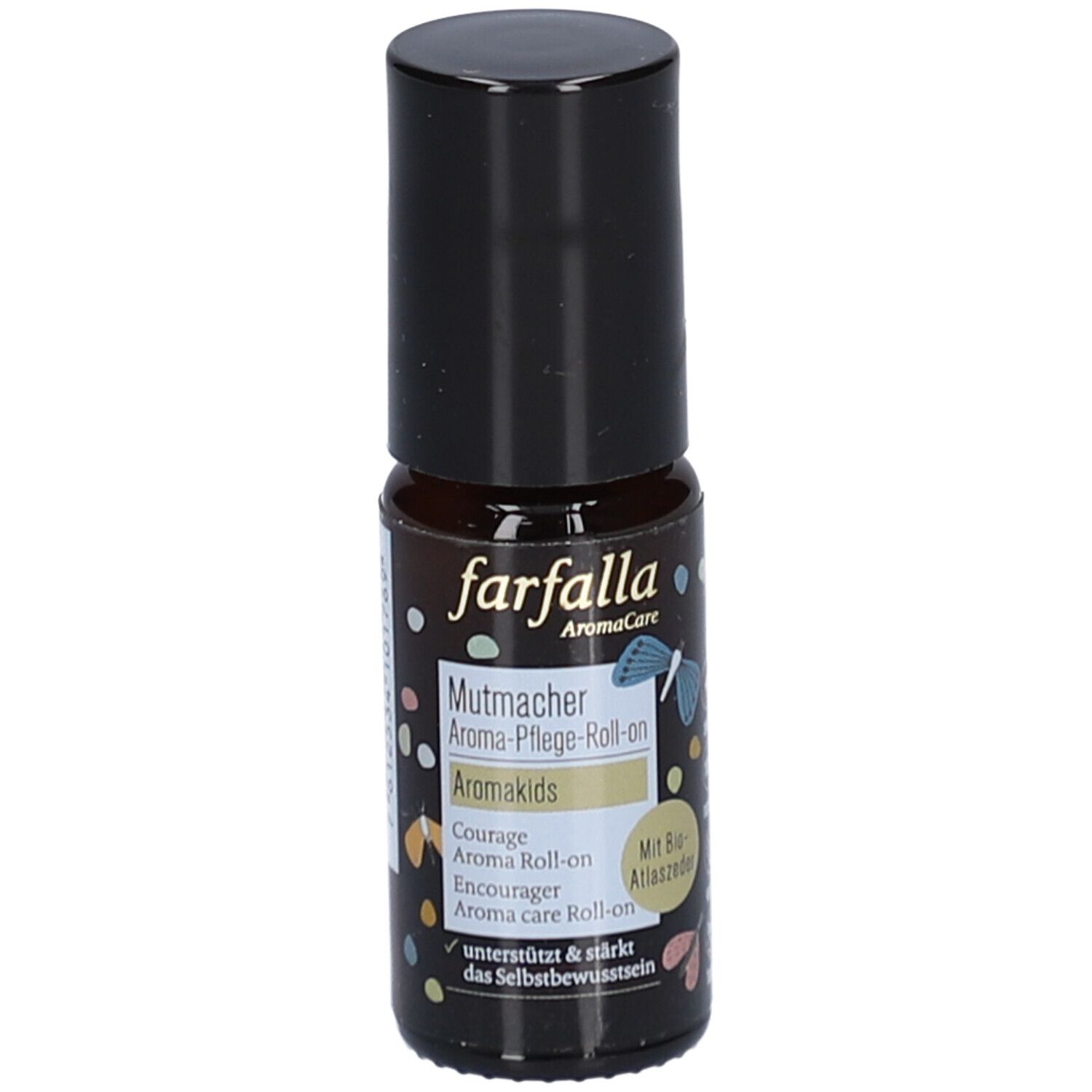 Braune Glasflasche mit schwarzem Deckel. Aufschrift: farfalla, Mutmacher Aroma-Pflege-Roll-on, Aromakids. Mit Bio-Atlaszeder.