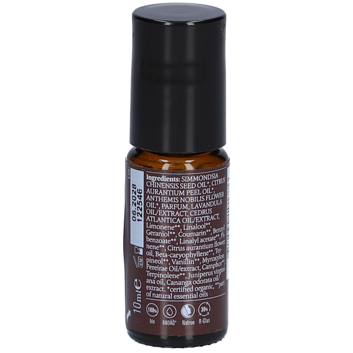 Braune Glasflasche mit schwarzem Deckel. Aufschrift: Inhaltsstoffe, 10 ml, 06.2028. Rückseite mit Inhaltsstoffen und Haltbarkeitsdatum.