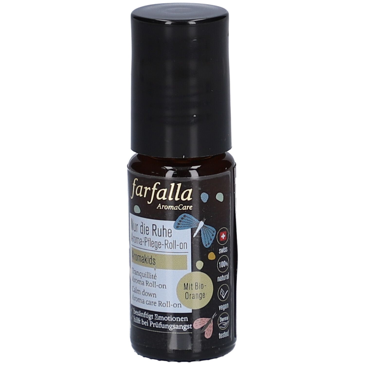 Braune Glasflasche mit schwarzem Deckel. Aufschrift: farfalla AromaCare, Nur die Ruhe Aroma-Pflege-Roll-on, Aromakids. Mit Bio-Orange.