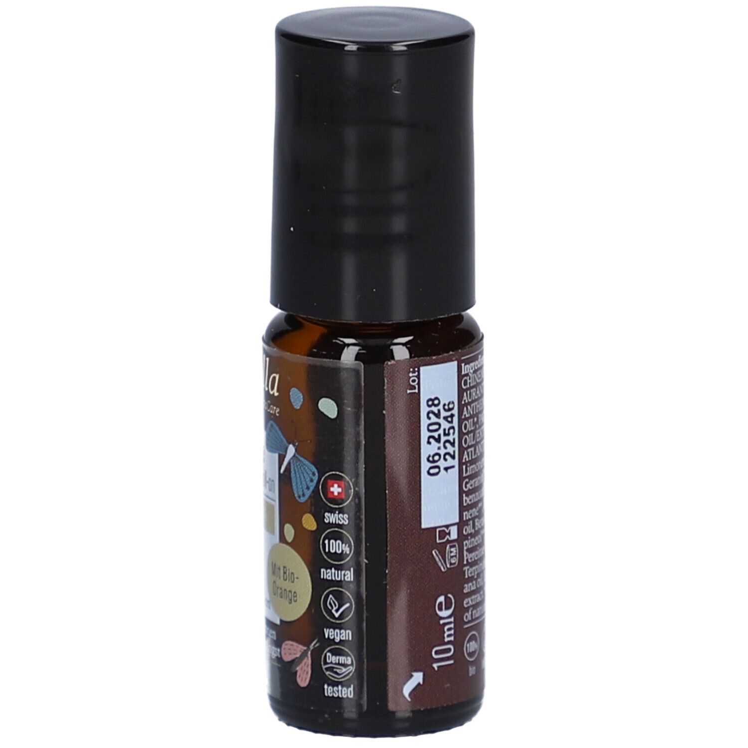 Braune Glasflasche mit schwarzem Deckel. Aufschrift: 10 ml, 06.2028. Rückseite mit Inhaltsstoffen und Haltbarkeitsdatum.