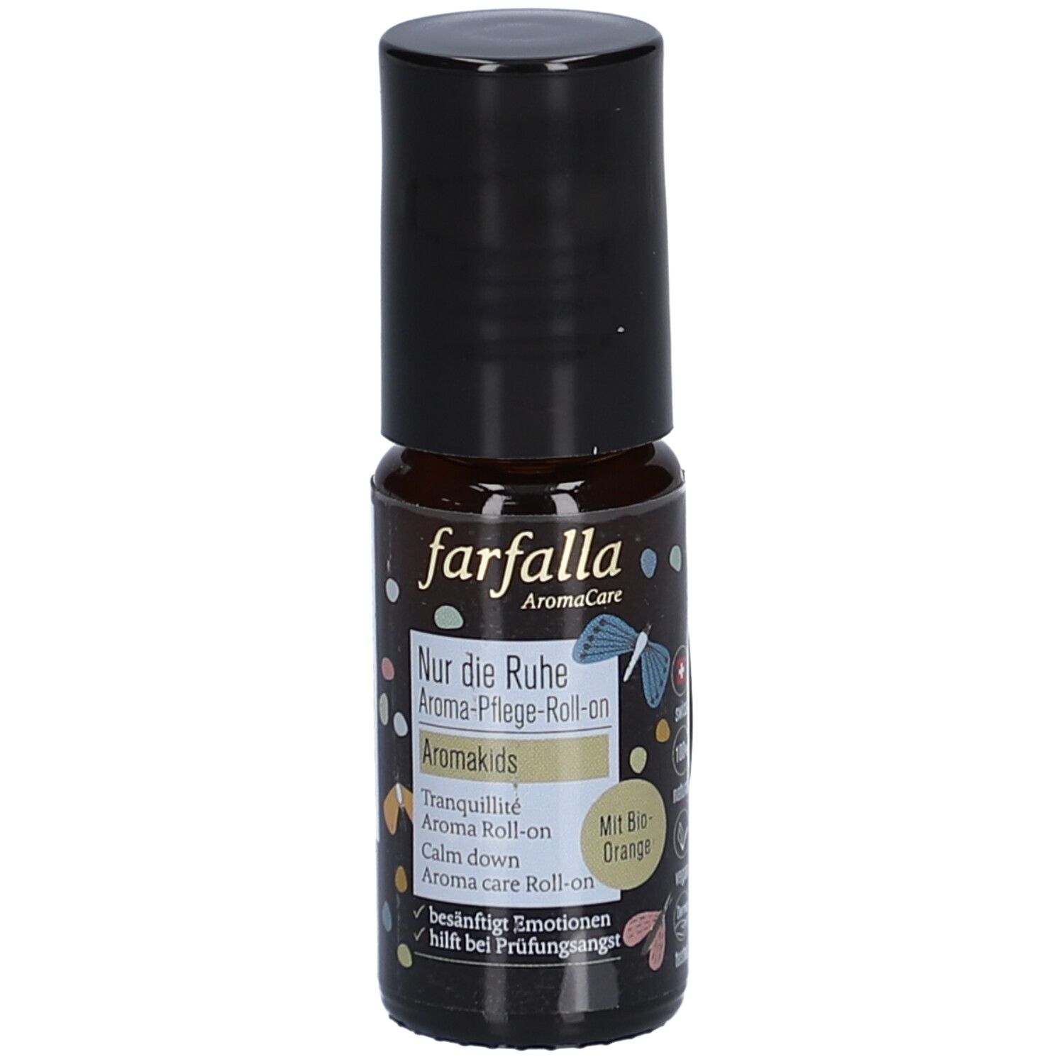 Braune Glasflasche mit schwarzem Deckel. Aufschrift: farfalla AromaCare, Nur die Ruhe Aroma-Pflege-Roll-on, Aromakids. Mit Bio-Orange.