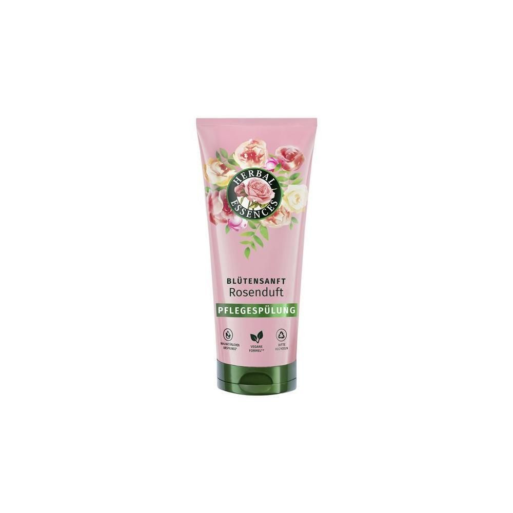 Rosa Tube mit floralem Design und Produktnamen. Grün-weiße Schrift. Marke: HERBAL ESSENCES. Text: Blütensanft Rosenduft Pflegespülung.