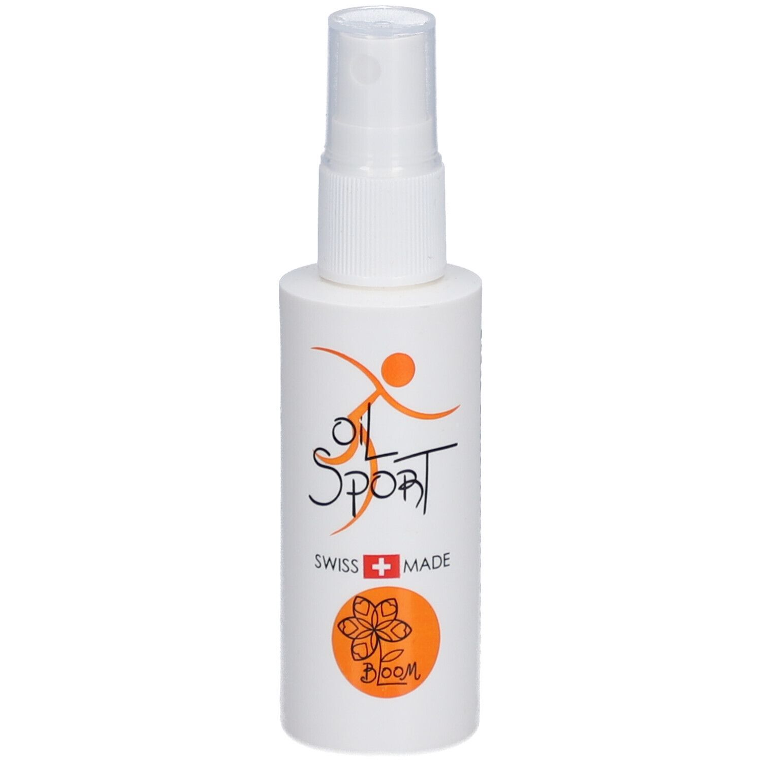 Weiße Sprühflasche mit orangefarbenem Logo und Text. "OIL SPORT" und "SWISS + MADE" sind sichtbar.