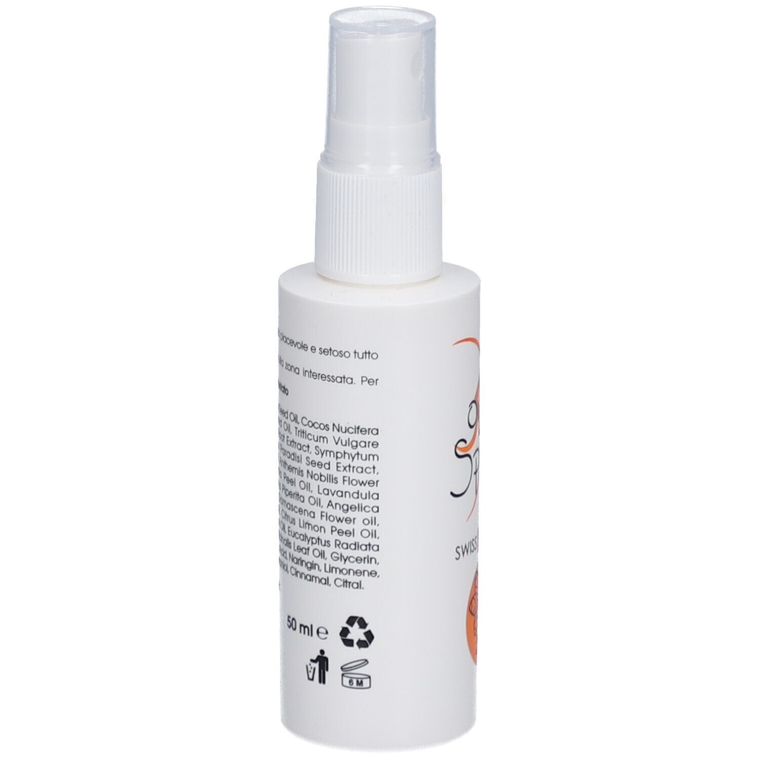 Weiße Sprühflasche mit Text und Zutatenliste. 50 ml-Markierung und Recycling-Symbole sind sichtbar.