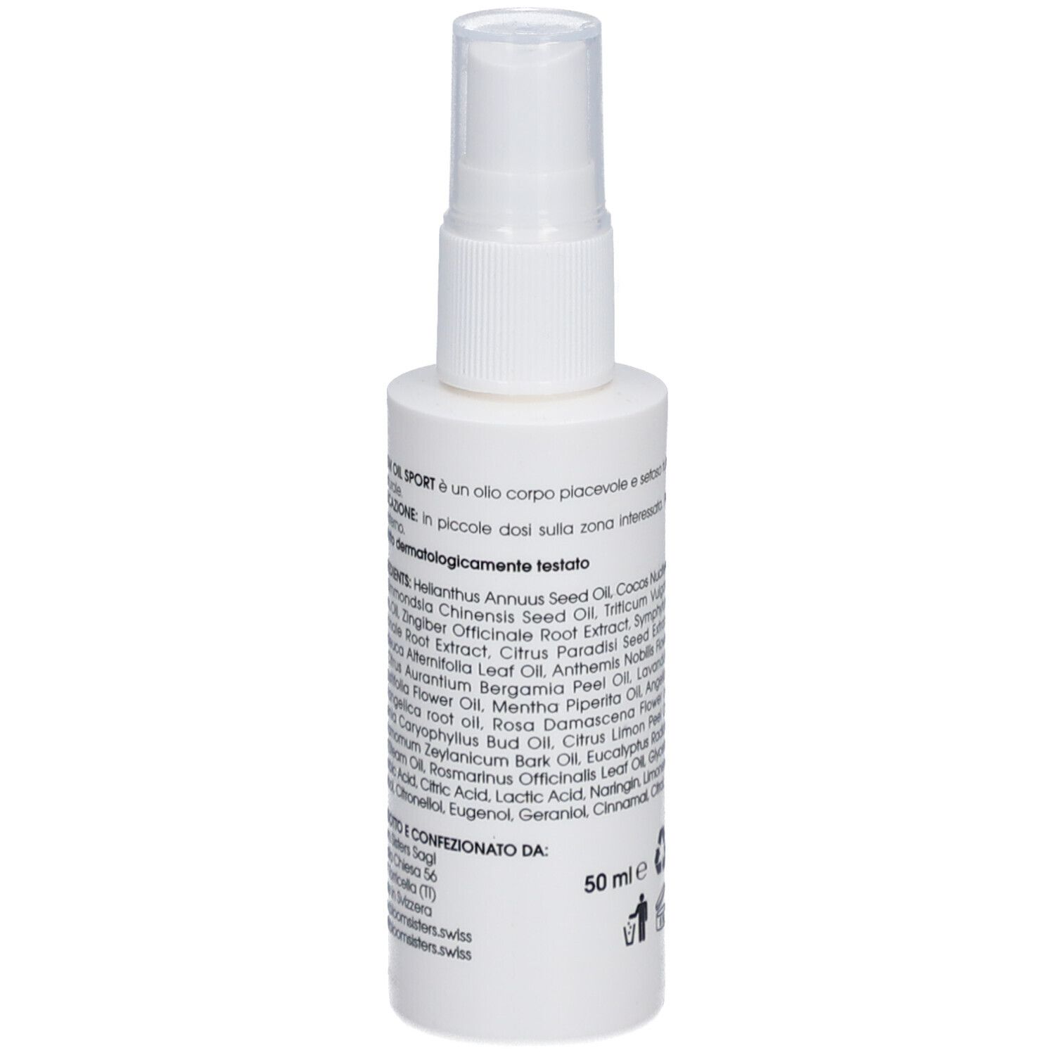 Weiße Sprühflasche mit Text und Zutatenliste. 50 ml-Markierung ist sichtbar.