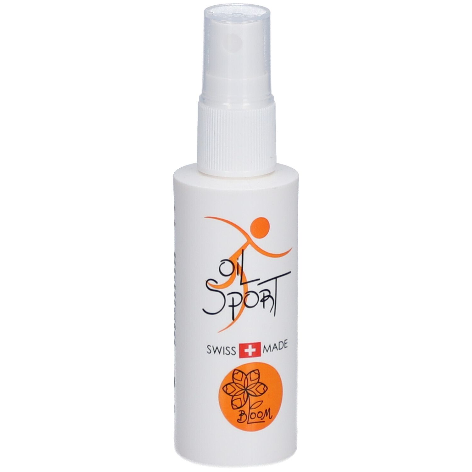 Weiße Sprühflasche mit orangefarbenem Logo und Text. "OIL SPORT" und "SWISS + MADE" sind sichtbar.