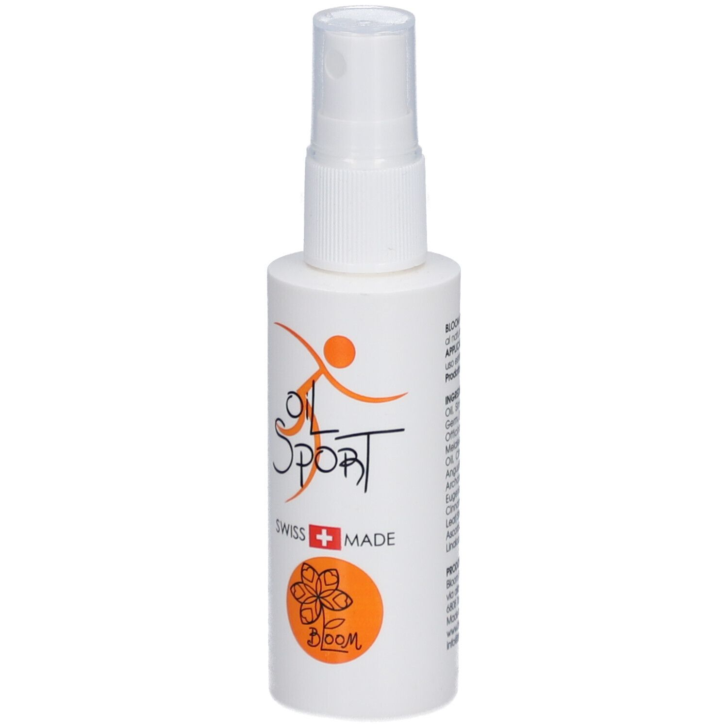 Weiße Sprühflasche mit orangefarbenem Logo und Text. "OIL SPORT" und "SWISS + MADE" sind sichtbar.