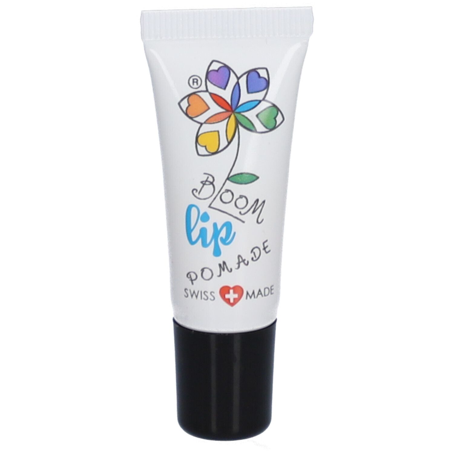 Tube blanche avec bouchon noir. Inscription: BLOOM lip POMADE, logo floral, Swiss Made.