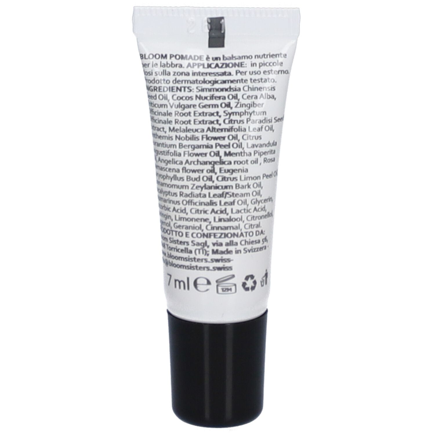 Dos du tube. Texte avec ingrédients et informations fabricant. Volume: 7 ml.