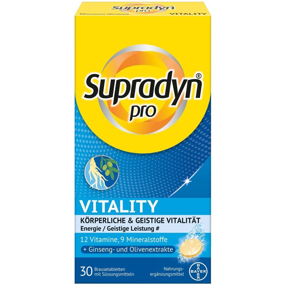 Gelbe Schachtel mit "Supradyn pro"-Logo. Enthält 30 Brausetabletten mit Vitaminen, Mineralstoffen und Ginseng.