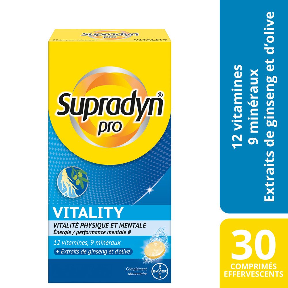 Gelbe Schachtel mit "Supradyn pro"-Logo. Enthält 30 Brausetabletten mit Vitaminen, Mineralstoffen und Ginseng.