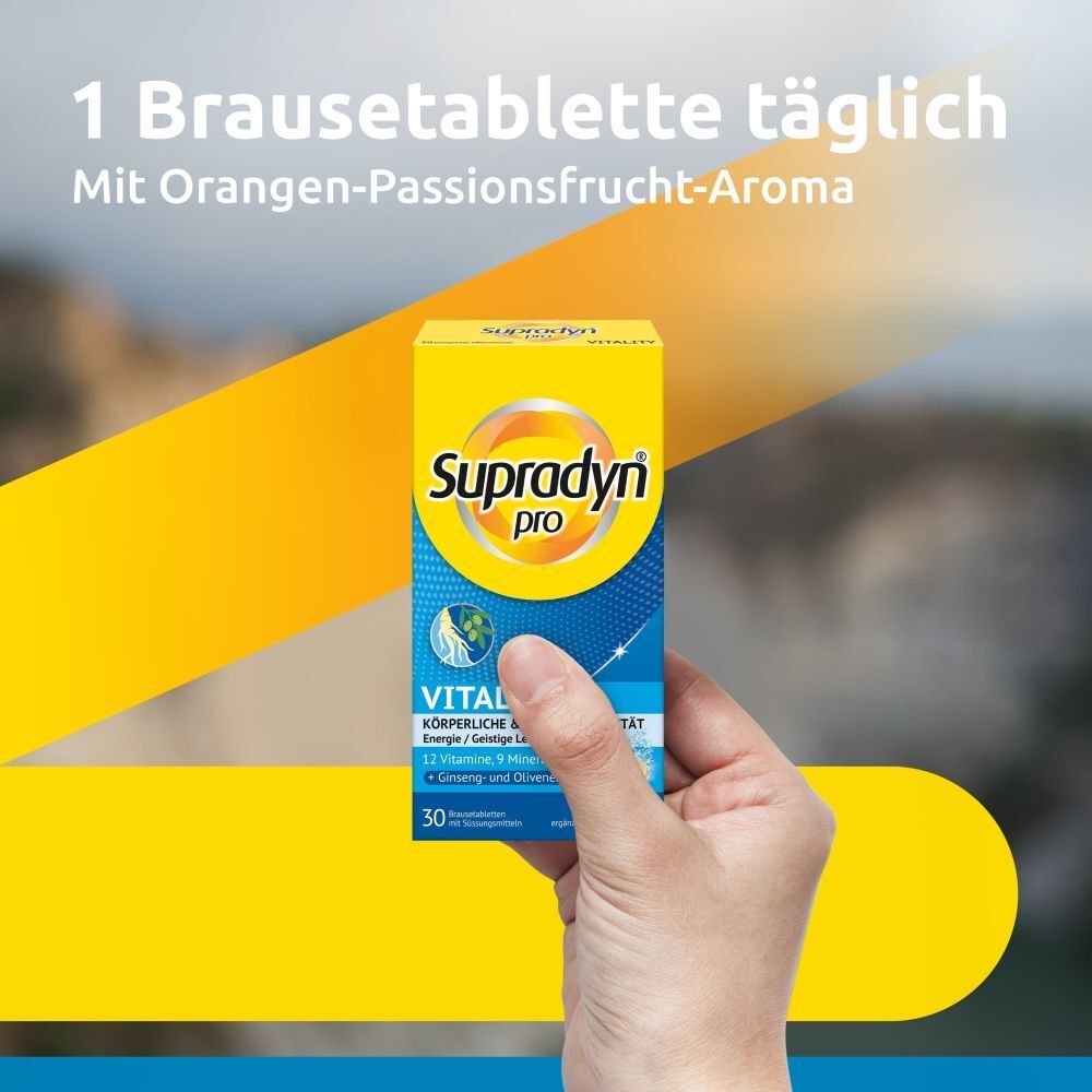 Hand hält eine gelbe Schachtel mit "Supradyn pro". Aufschrift: 30 Brausetabletten. Hintergrund: gelbe und blaue Streifen.