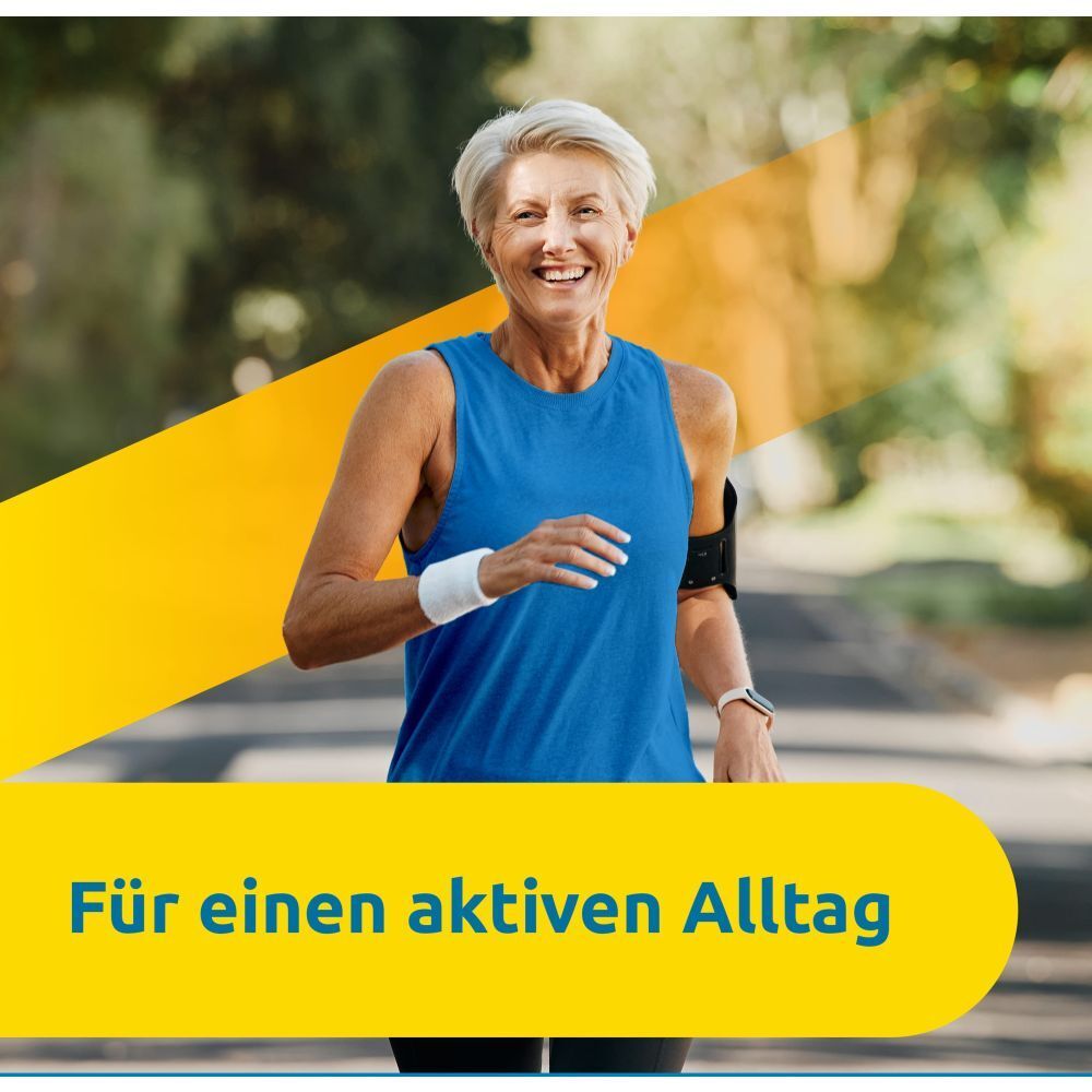Ältere Frau joggt. Text: "Für einen aktiven Alltag". Hintergrund: gelbe und blaue Streifen.