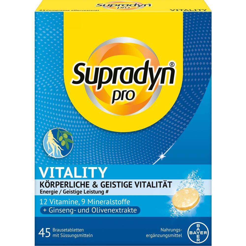 Blisterpackung mit Brausetabletten. Aufdruck: Supradyn pro, Vitality, 12 Vitamine, 9 Mineralstoffe, Ginseng- und Olivenextrakte.