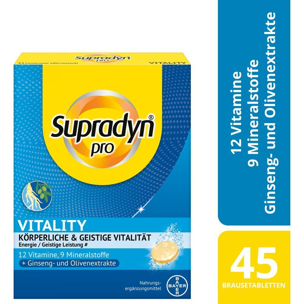 Blisterpackung mit Brausetabletten. Aufdruck: Supradyn pro, Vitality, 12 Vitamine, 9 Mineralstoffe, Ginseng- und Olivenextrakte.