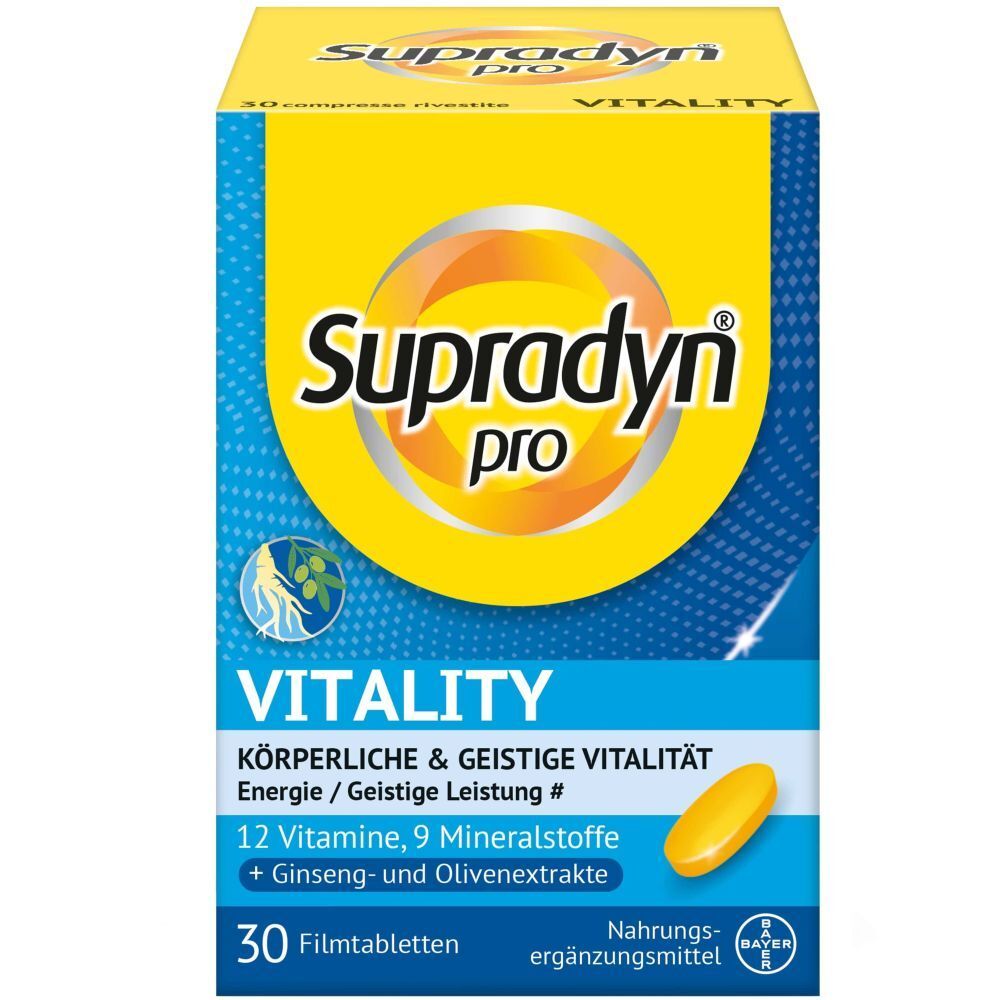 Boîte jaune Supradyn pro Vitality. Contient 30 comprimés pelliculés. Inscription: 12 vitamines, 9 minéraux, ginseng et extraits d'olive.