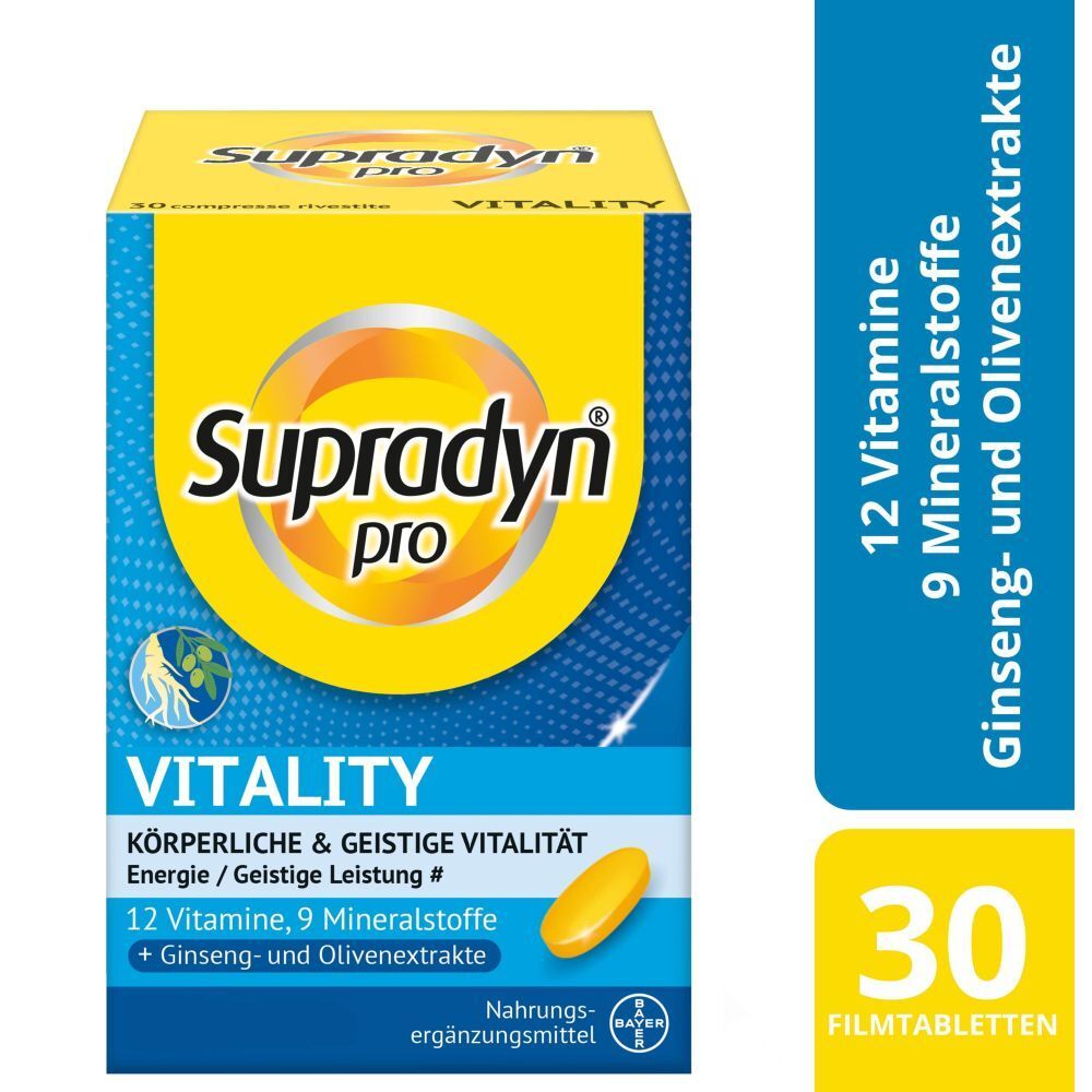 Boîte jaune Supradyn pro Vitality. Contient 30 comprimés pelliculés. Inscription: 12 vitamines, 9 minéraux, ginseng et extraits d'olive.