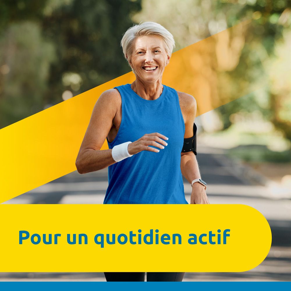 Femme âgée faisant du jogging. Fond jaune avec texte: Pour un quotidien actif.