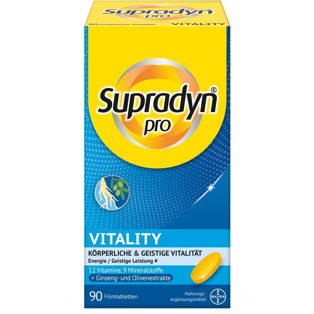 Gelbe Schachtel mit Supradyn pro Vitality. Enthält 90 Filmtabletten. Aufschrift: 12 Vitamine, 9 Mineralstoffe.