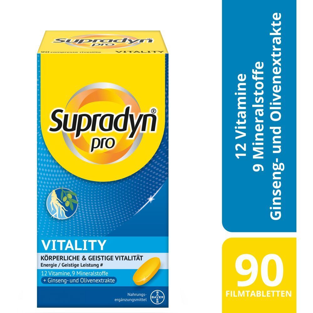 Gelbe Schachtel mit Supradyn pro Vitality. Enthält 90 Filmtabletten. Blaue Textfelder mit Inhaltsangaben.