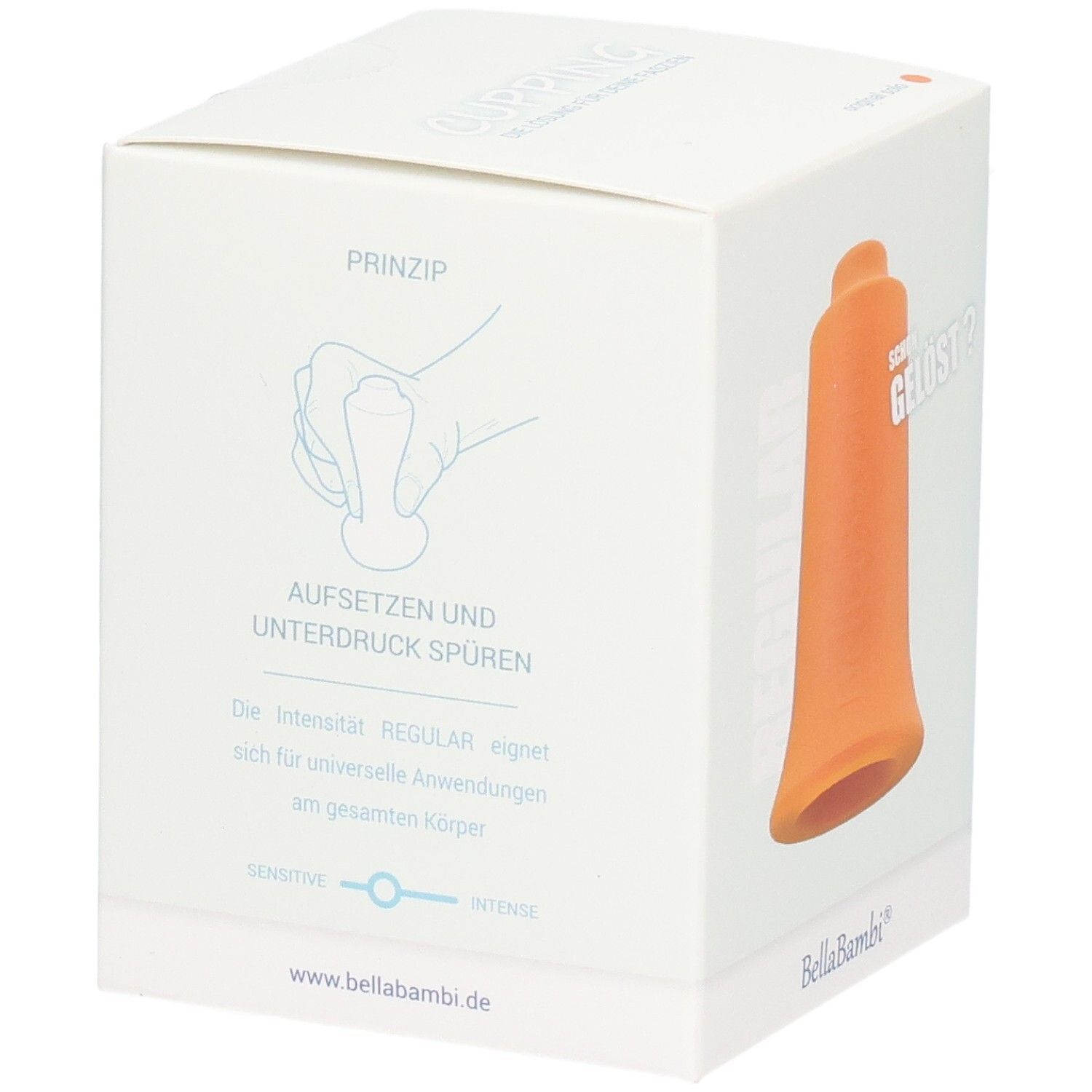 Verpackung mit orangefarbenem Schröpfkopf. Text: Aufsetzen und Unterdruck spüren. Marke Bella Bambi.