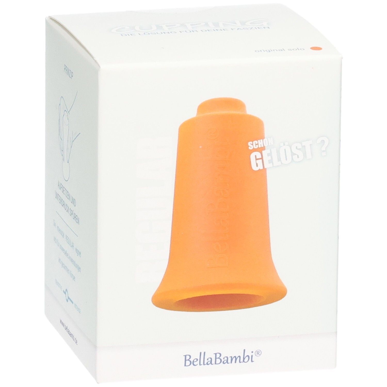 Orangefarbener Schröpfkopf in weißer Verpackung. Marke Bella Bambi. Text: Schon gelöst?