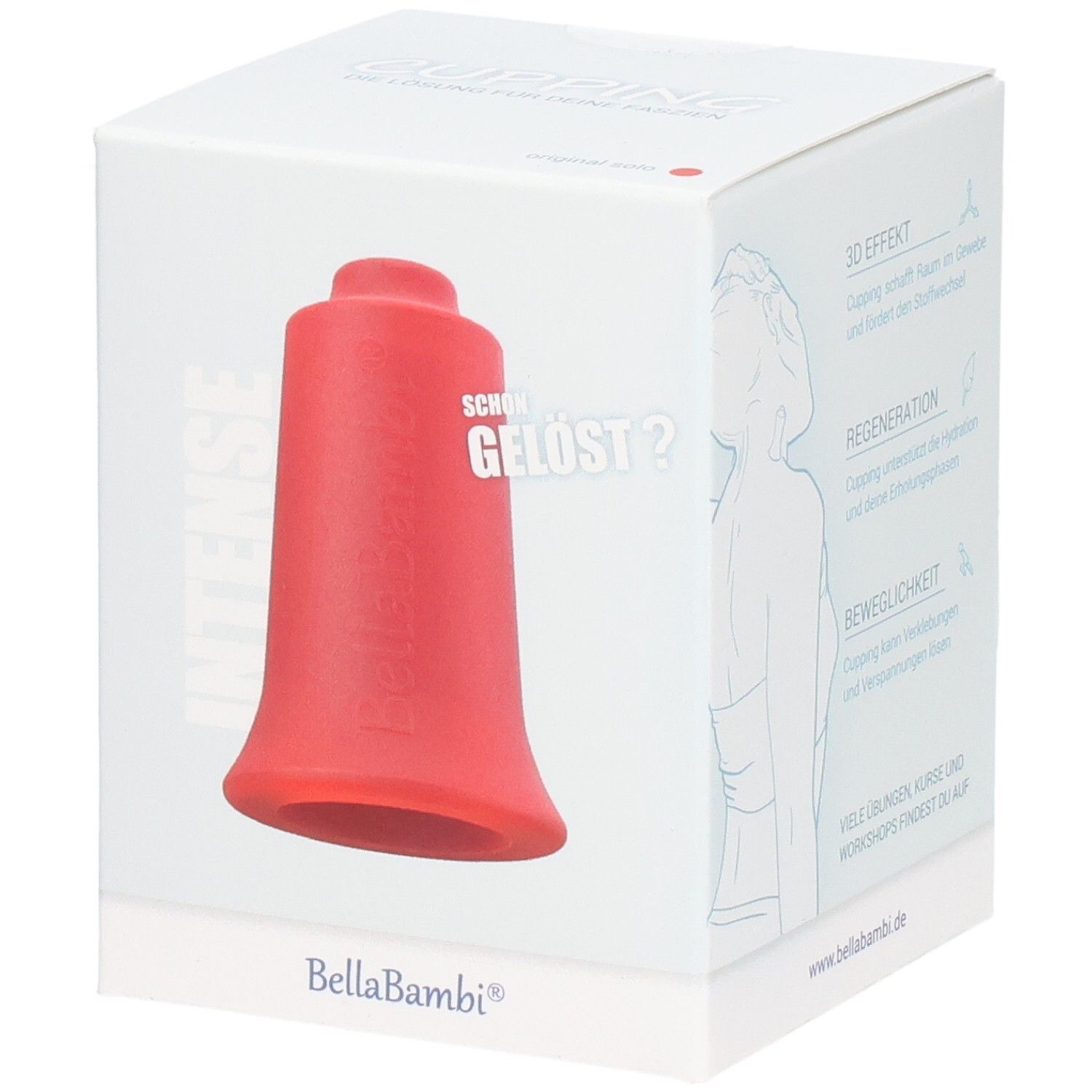 Roter Schröpfkopf in Verpackung. Produktname und Marke nicht sichtbar. Box mit Produktabbildung und Text.