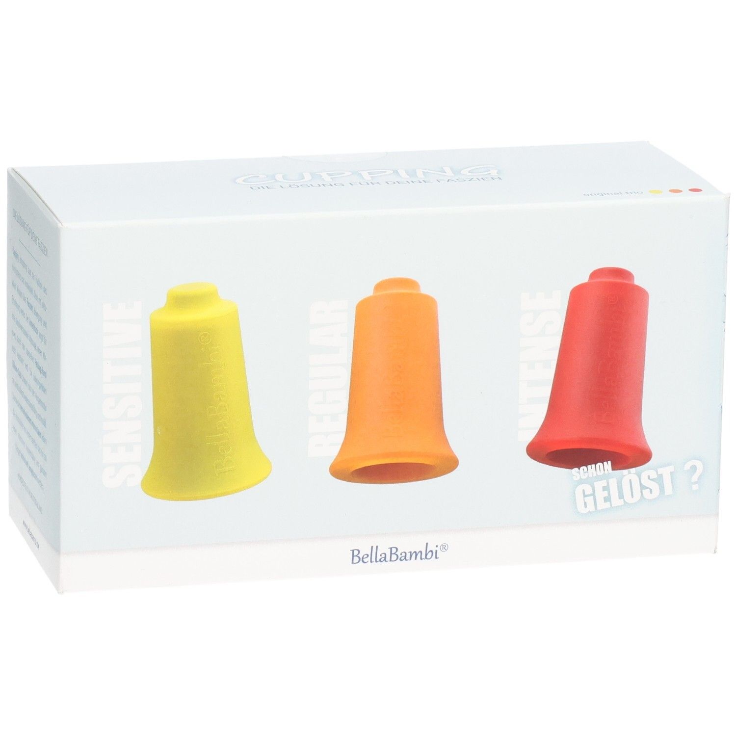 Verpackung mit drei Massage-Cups in Gelb, Orange und Rot. Aufschrift: Sensitive, Regular, Intense. Text: SORRY GELOST? Marke: BellaBambi.