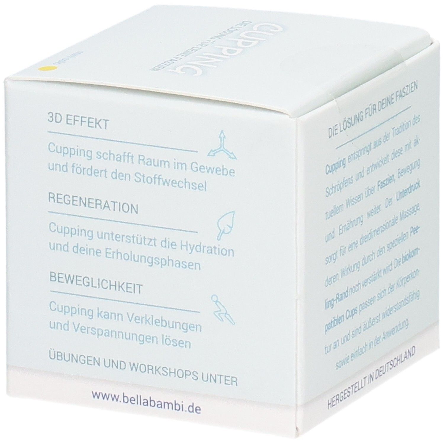 Weiße Verpackung mit Text. Text: Die Lösung für deine Faszien. 3D Effekt, Regeneration, Beweglichkeit. www.bellabambi.de. Hergestellt in Deutschland.