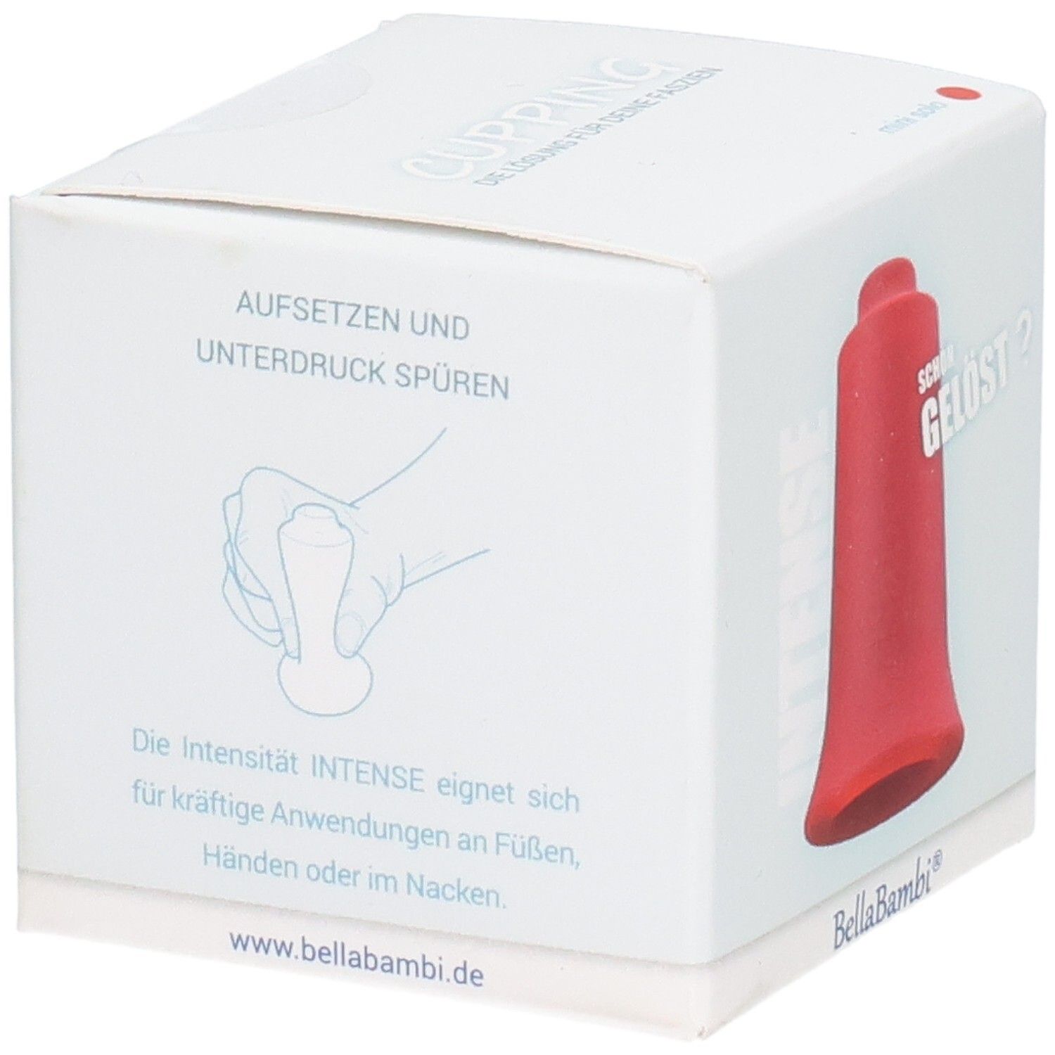 Verpackung mit rotem Schröpfkopf mini. Aufschrift: BellaBambi. Illustration: Hand mit Schröpfkopf. Text: Intense.
