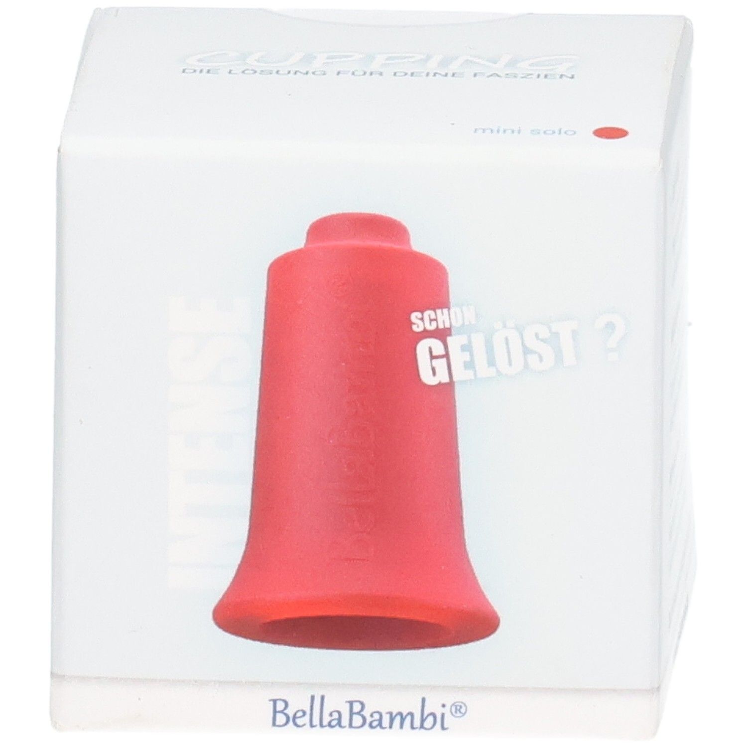 Roter Schröpfkopf mini in Verpackung. Aufschrift: BellaBambi, mini solo. Produktabbildung und Text.