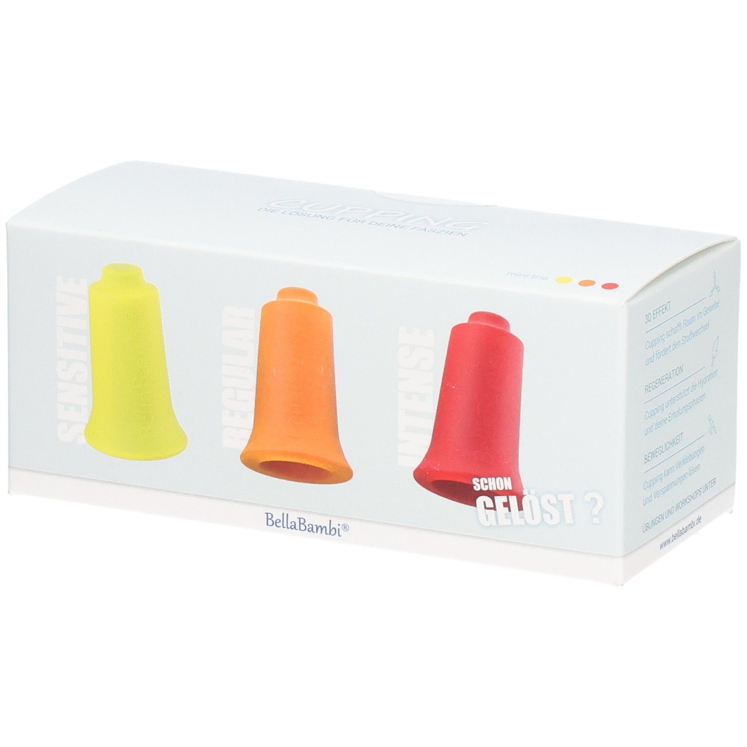 Verpackung mit drei Cupping-Ventouses. Gelb, orange und rot. Marke BellaBambi. Text: Sensitive, Regular, Intense, Schon gelöst?