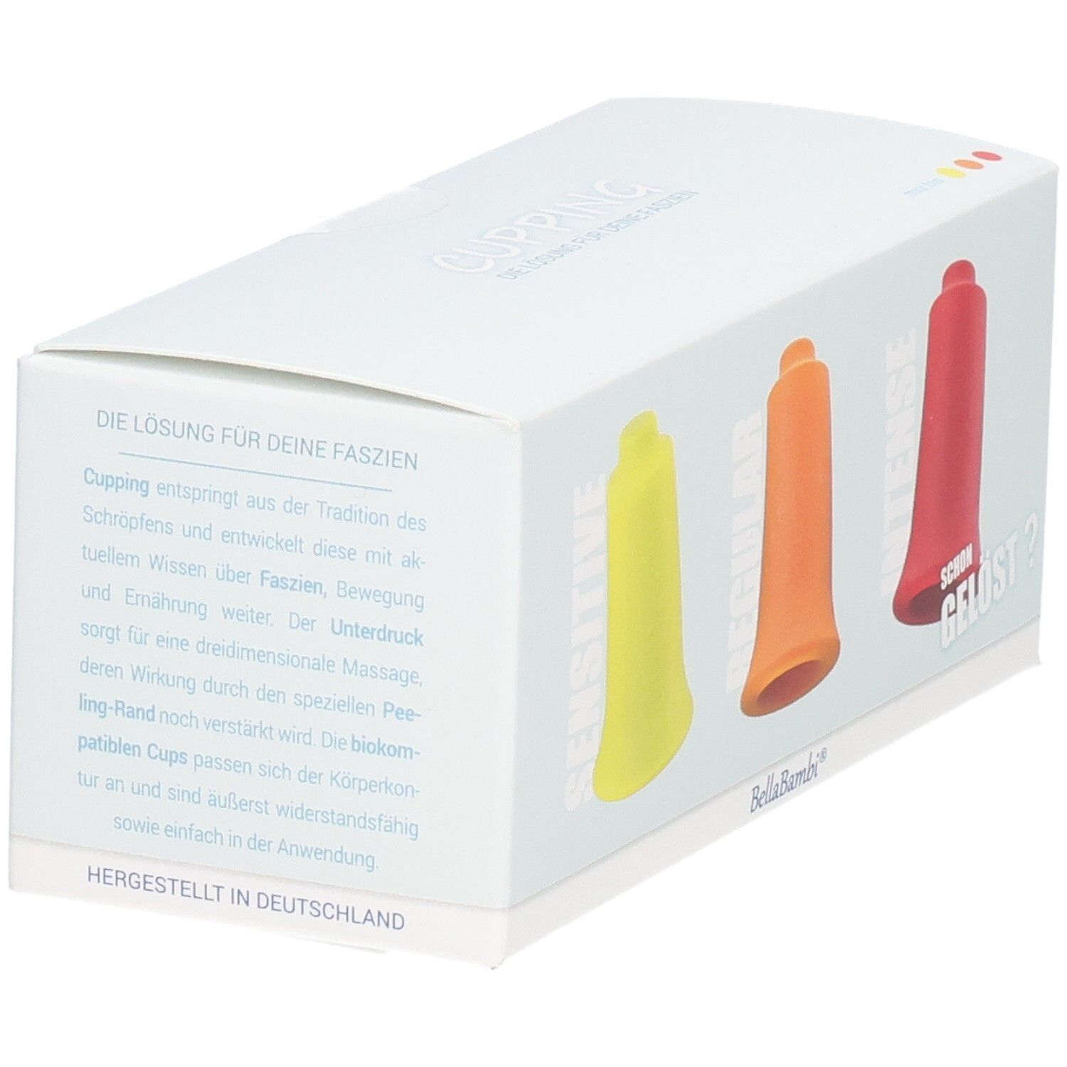 Verpackung mit drei Cupping-Ventouses. Gelb, orange und rot. Marke BellaBambi. Text: Die Lösung für deine Faszien. Hergestellt in Deutschland.