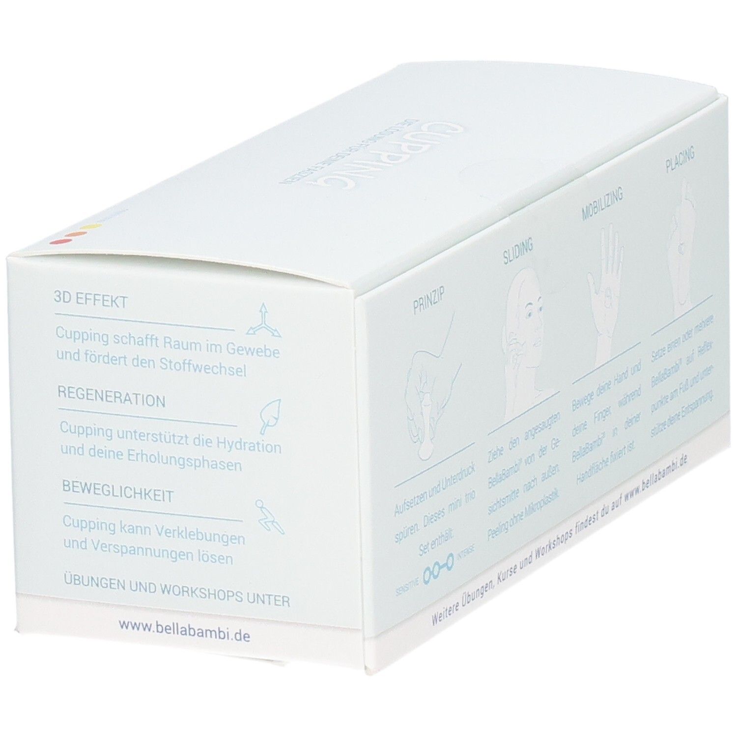 Verpackung mit Illustrationen. Text: 3D Effekt, Regeneration, Beweglichkeit. Weitere Übungen und Workshops unter bellabambi.de.