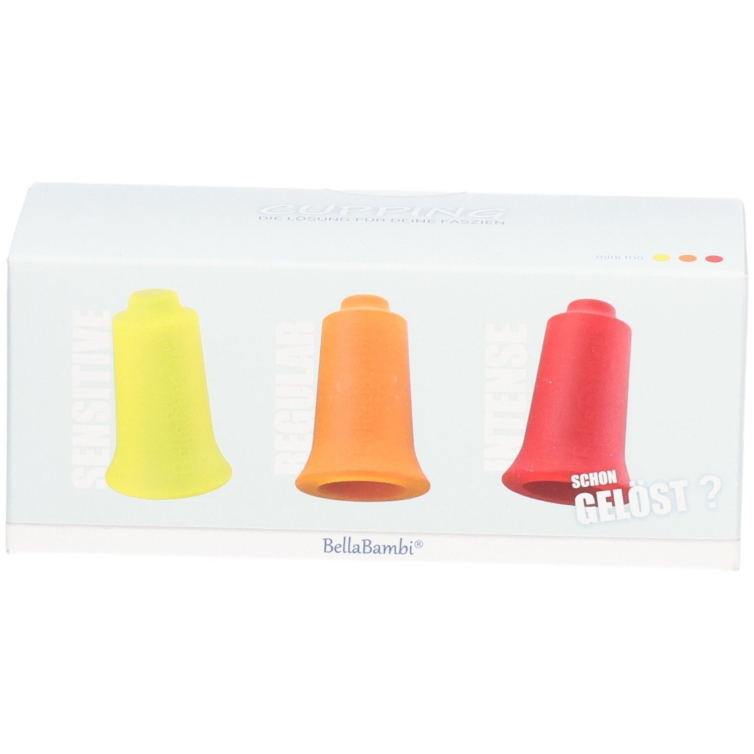 Verpackung mit drei Cupping-Ventouses. Gelb, orange und rot. Marke BellaBambi. Text: Sensitive, Regular, Intense, Schon gelöst?