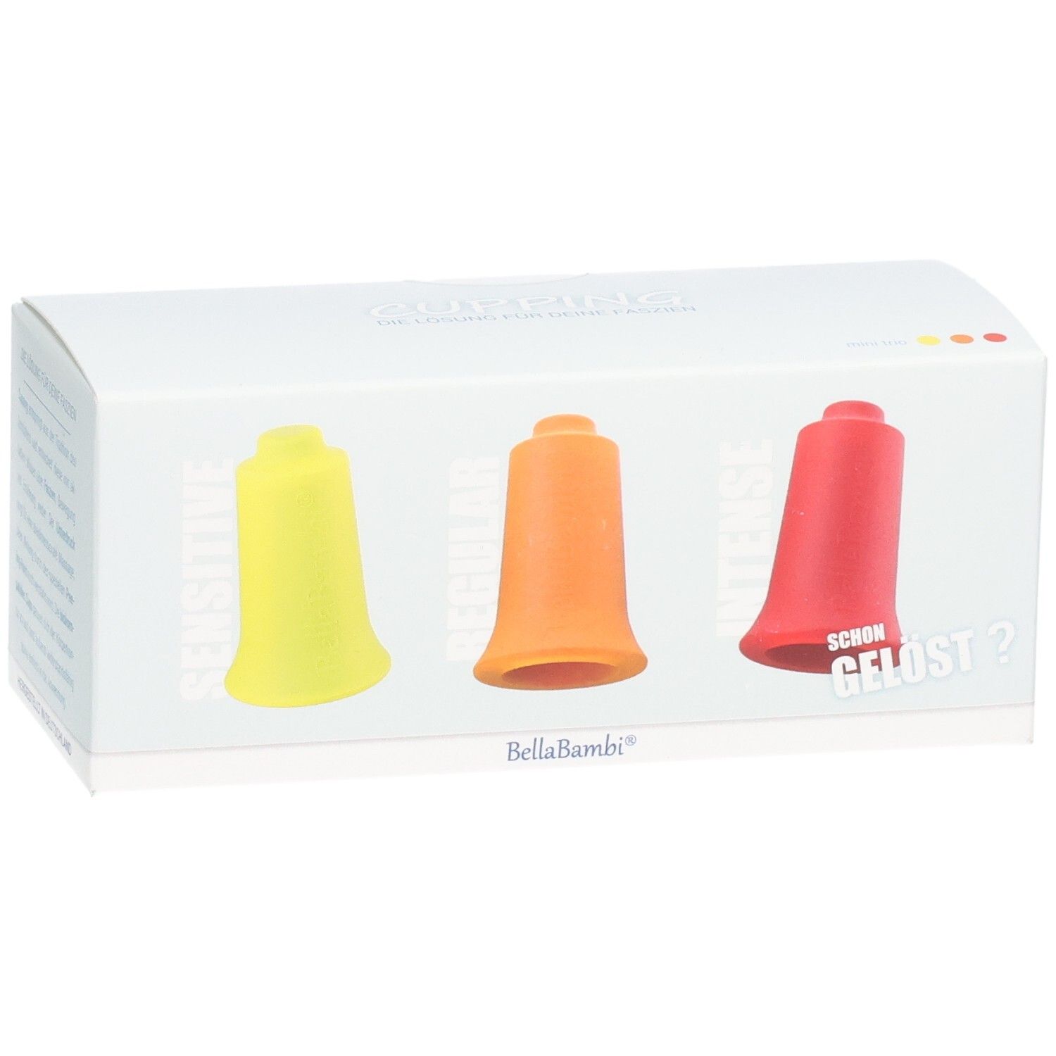 Verpackung mit drei Cupping-Ventouses. Gelb, orange und rot. Marke BellaBambi. Text: Sensitive, Regular, Intense, Schon gelöst?