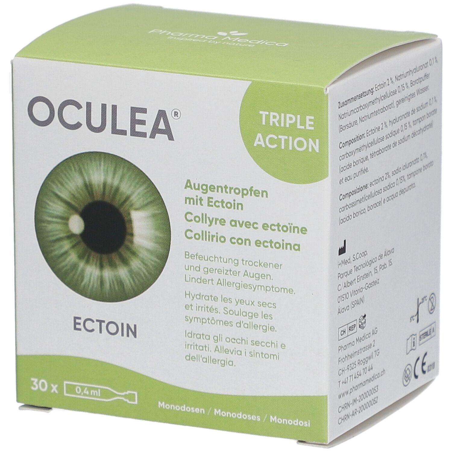 Boîte verte avec logo "OCULEA" et image d'œil. Texte : Collyre avec ectoïne, 30 x 0,4ml. Triple Action.