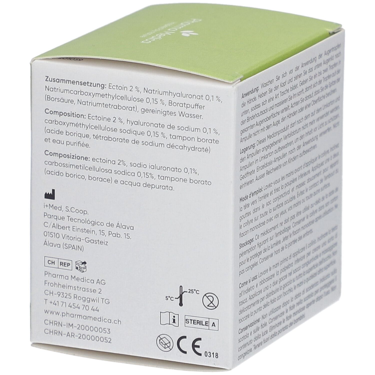 Boîte verte, côté. Texte : Composition : Ectoïne 2%, hyaluronate de sodium 0,1%, borate de sodium. Informations fabricant.