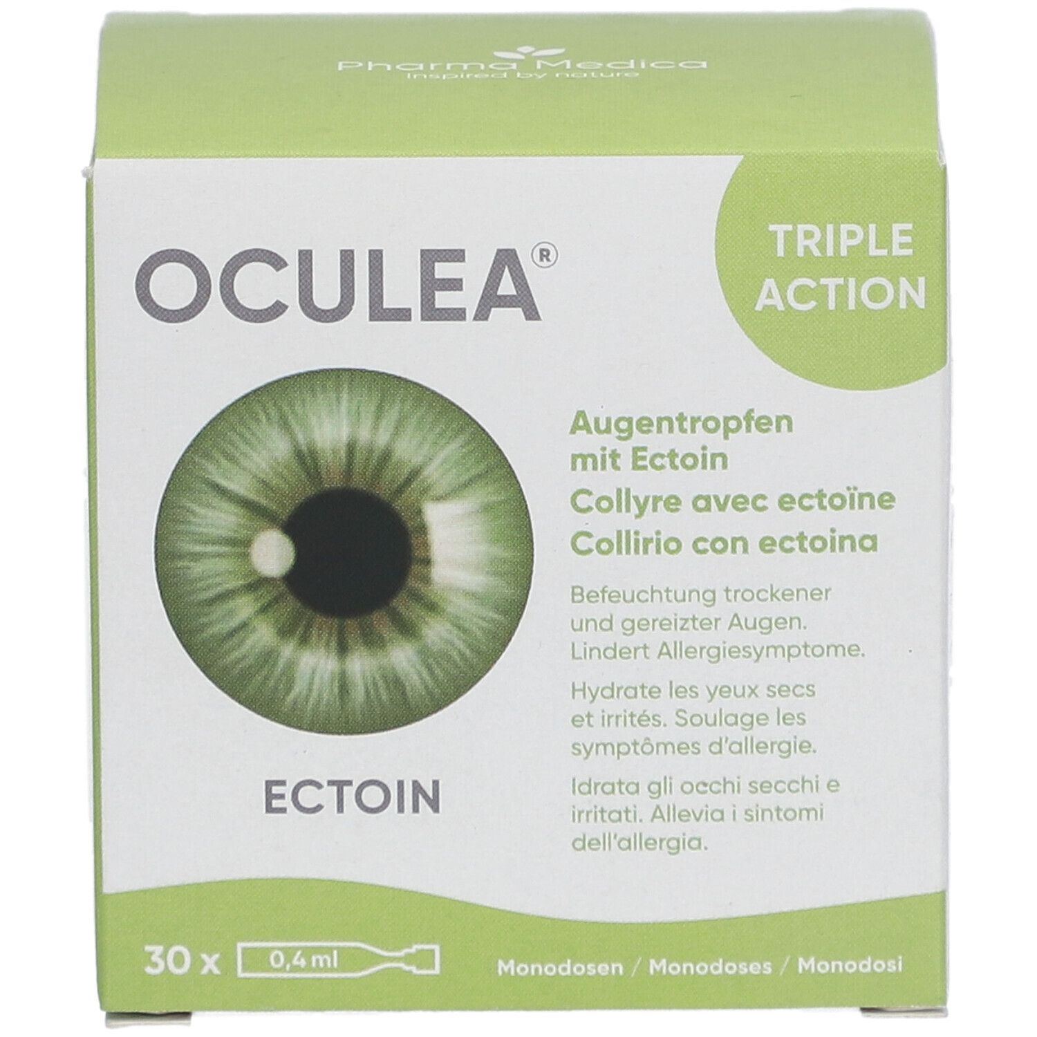 Boîte verte avec logo "OCULEA" et image d'œil. Texte : Collyre avec ectoïne, 30 x 0,4ml. Triple Action.
