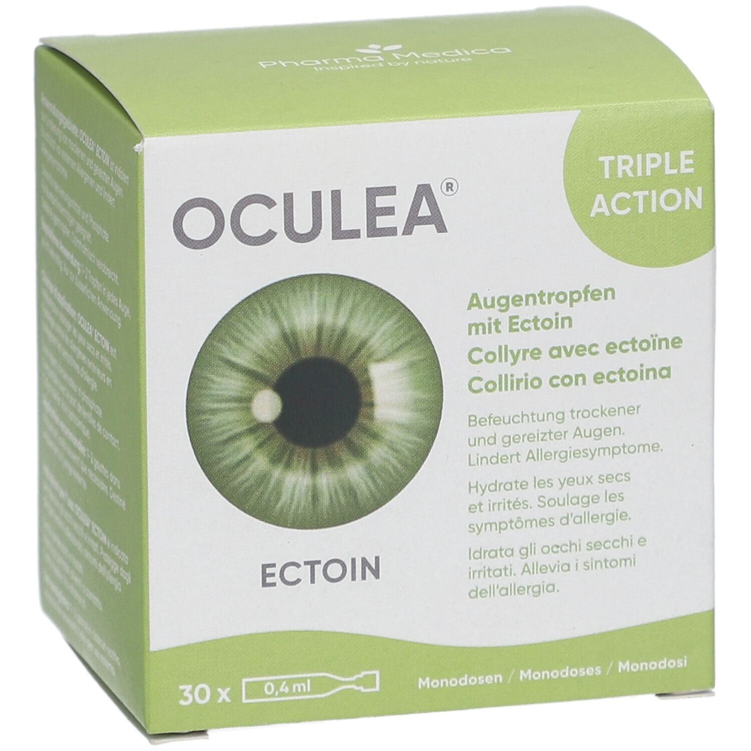 Boîte verte avec logo "OCULEA" et image d'œil. Texte : Collyre avec ectoïne, 30 x 0,4ml. Triple Action.
