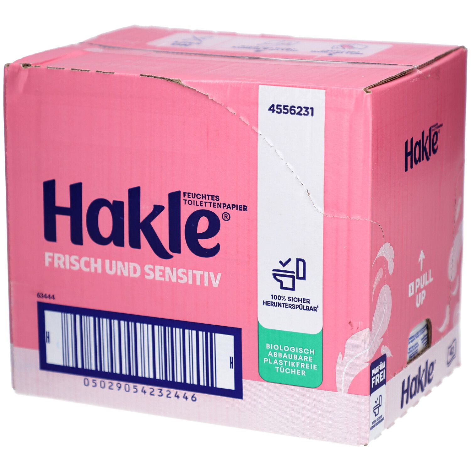 Hakle Feuchtes Toilettenpapier, Frisch und Sensitiv, in rosa Kartonverpackung mit Barcode und Umwelt-Siegel.