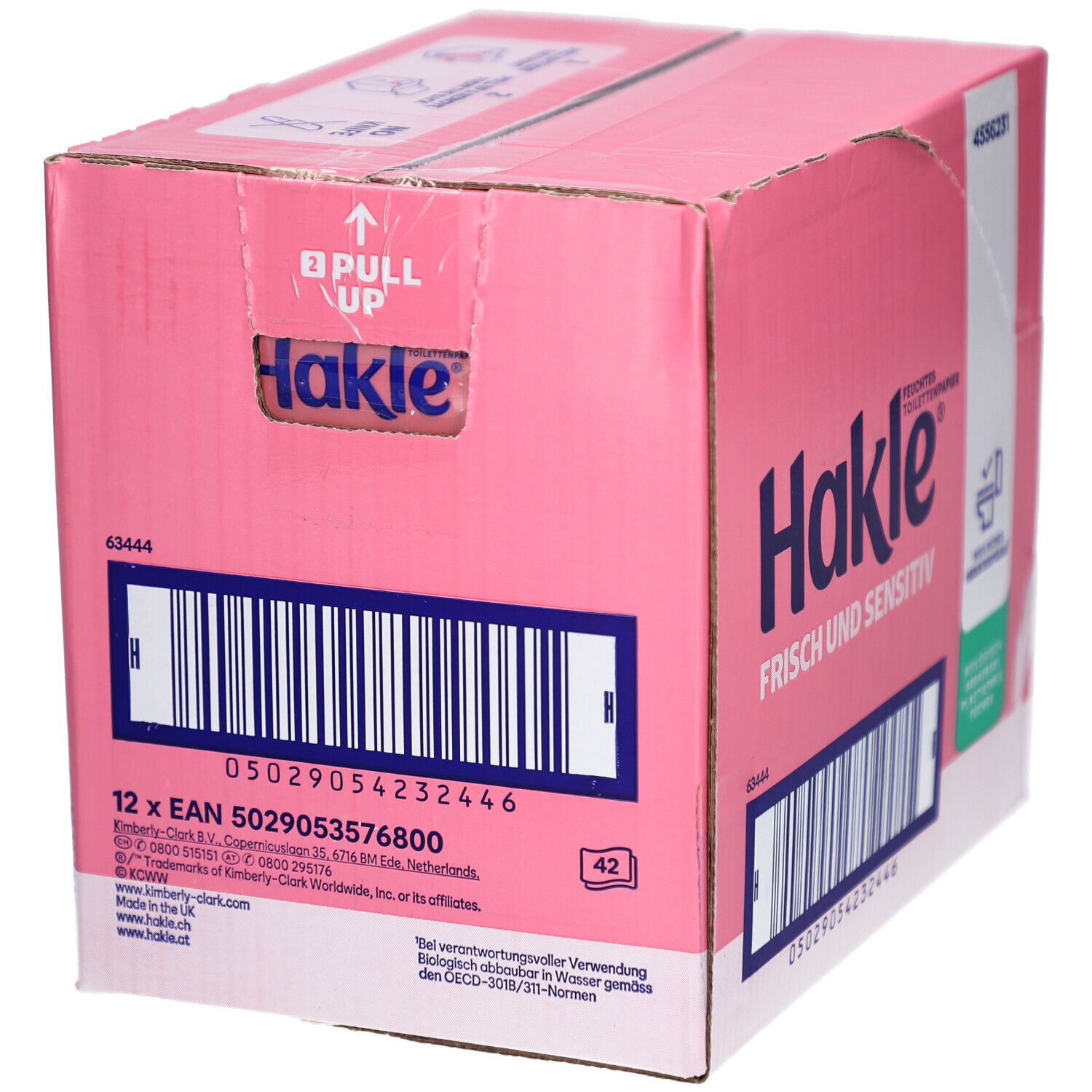 Hakle Karton mit 12 Packungen, rosa, mit Produktinformationen und Barcode.