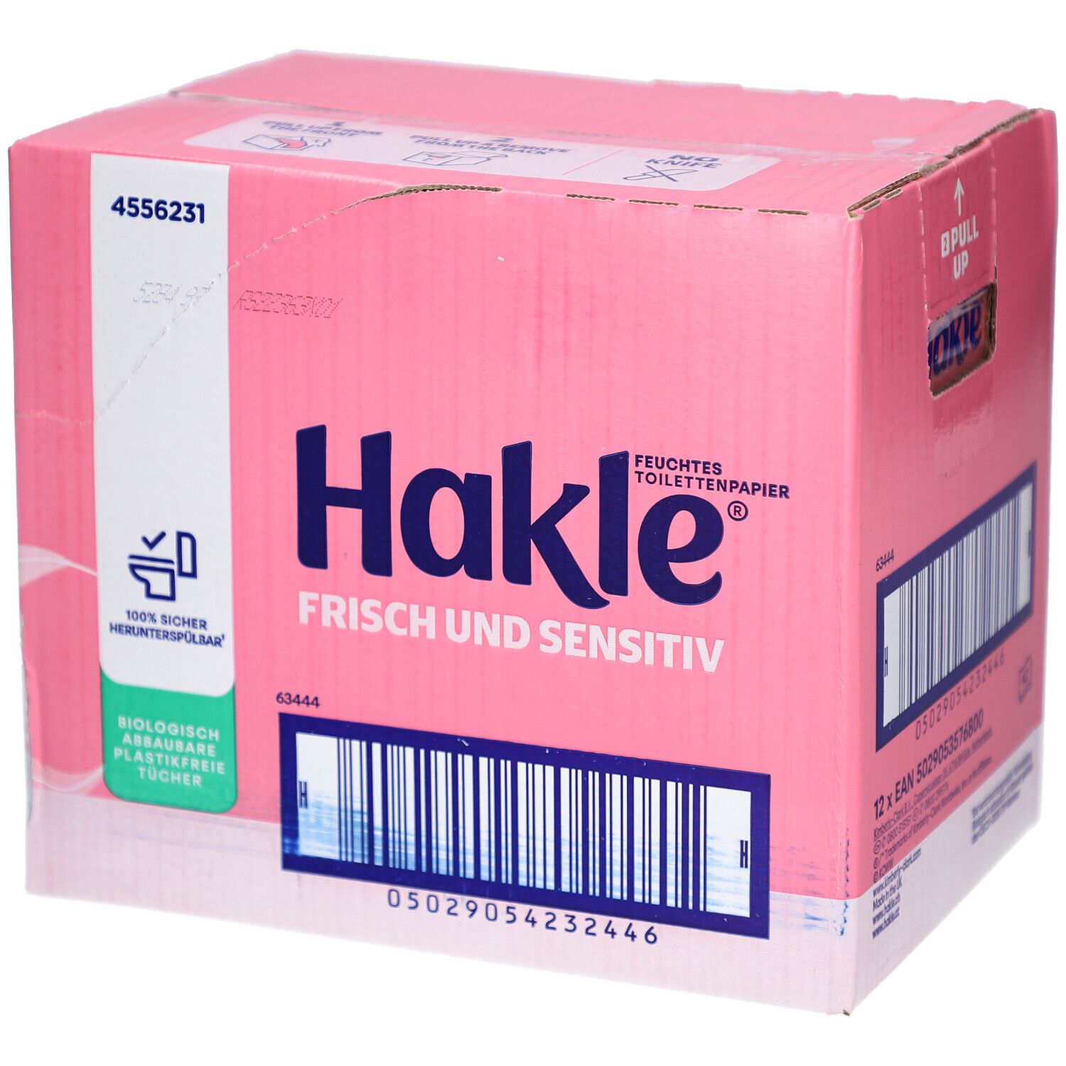 Hakle Feuchtes Toilettenpapier Frisch und Sensitiv in rosa Kartonverpackung.
