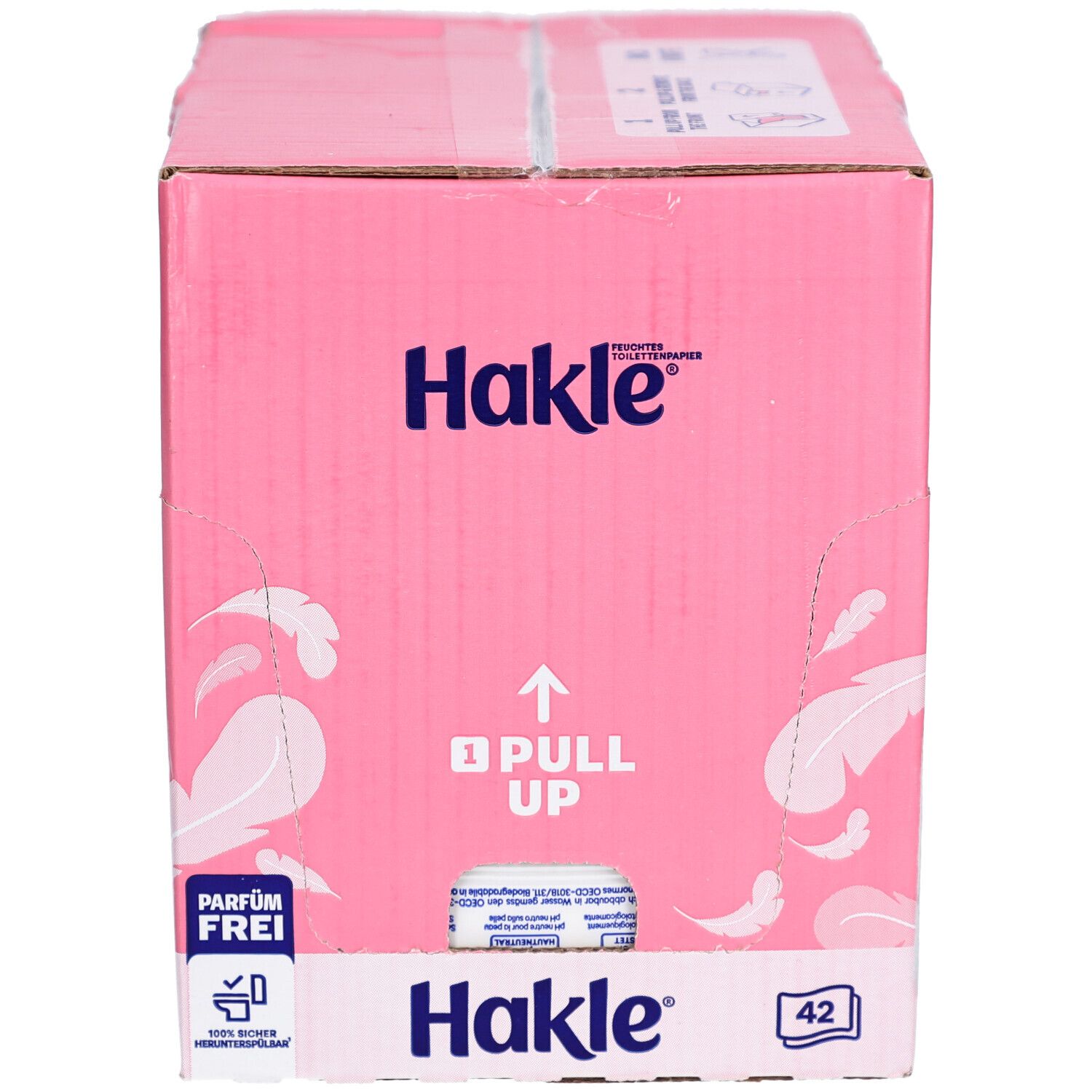 Hakle Toilettenpapier-Karton, rosa, mit Feder-Design. "PARFUM FREI" und "42" sichtbar.