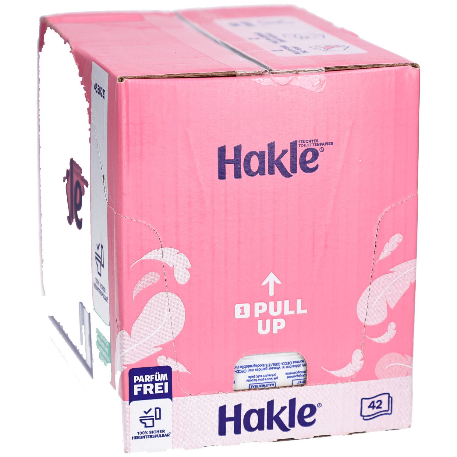 Hakle Toilettenpapier-Karton, rosa, mit Feder-Design. Enthält 42 Rollen. "PARFUM FREI" und "SOFT & SICHER" Aufdruck.
