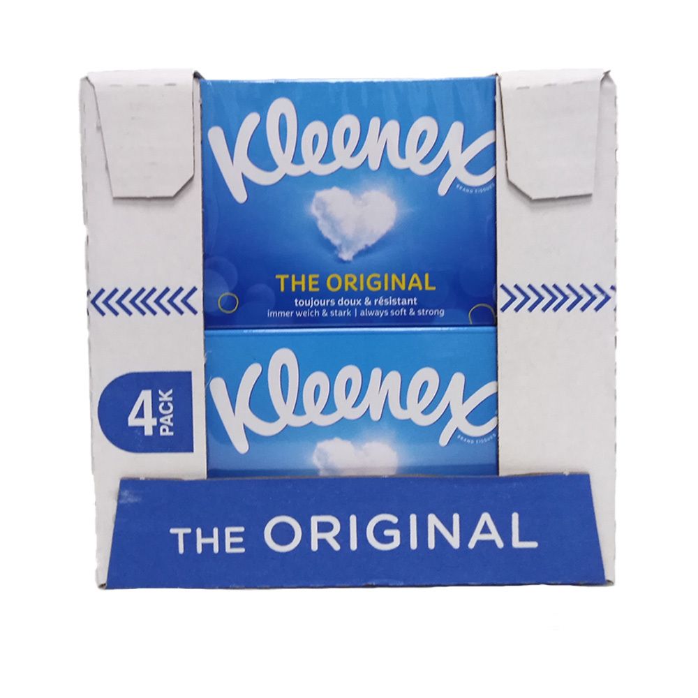 Kleenex Original Taschentücher, 4er Pack. Blaue Verpackung mit Logo und Produktbezeichnung. Karton mit Aussparungen.